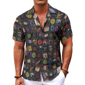 May include: A short-sleeved button-down shirt featuring a grid pattern filled with various horror-themed movie posters, skulls, masks, and text such as "Sleepwalker," "Death Awaits," "Slaughter House," and "Everyone is a Suspect" in dark colors.