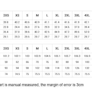 May include: A size guide chart featuring two tables with measurements in inches and centimeters for sizes 2XS through 6XL. The rows list length, waist, hip, and inseam length. Text at the bottom states: The size chart is manual measured, the margin of error is 3cm.