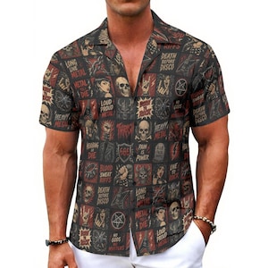 May include: A short-sleeve button-down shirt featuring a dark grid pattern filled with various heavy metal themed graphics and text including "Long Live Metal," "Death Before Disco," "Born to Rock," "666," "Heavy Metal," and "Pain is Power."