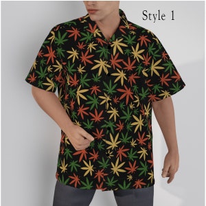 May include: Black button-down shirt with a repeating pattern of green, yellow, and red cannabis leaves. The shirt has short sleeves and a classic collar. The text "Style 1" is visible in the upper right corner.