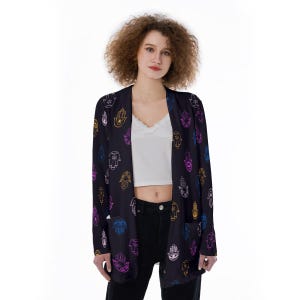 Hamsa Hand Pattern | Multi-color Print | Protection Strength Power | All-Over Print Women's Ultra Thin Patch Pocket Cardigan
