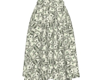 Money Maker | 100 Dollar Bills | Money Manifesting | All-Over Print Women's Long Midi Skirt With Pockets