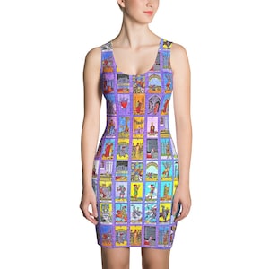 Impresión de cartas de tarot / Magia de astrología / Lector psíquico espiritual / Púrpura / Vestido ajustado