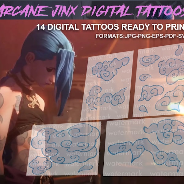 Jinx Arcane printable Tattoos / Jinx Clouds Tattoos / Jinx Tattoos / Jinx Cosplay / Jinx  Costume  14 TATTOOS - Digital Download