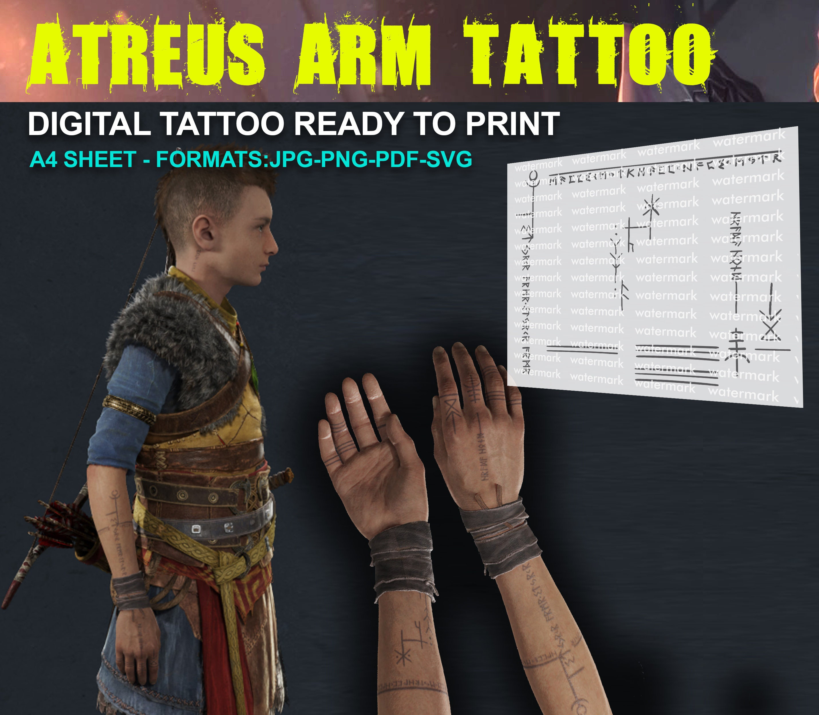 Thrúd GOW Temporary Tattoos for Cosplayers. 2 Full Sleeves 