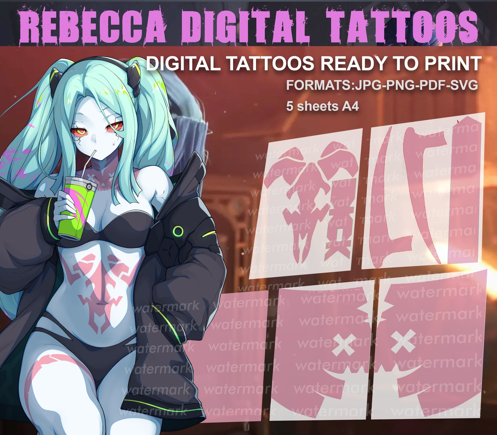 Rebecca Cyberpunk Edgerunners Printable Tattoos / Rebecca Tattoos