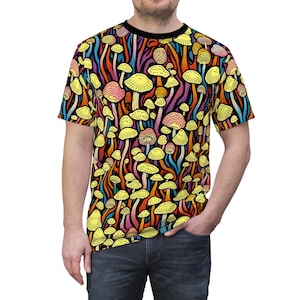Psichedelic Mushrooms, Unisex AOP Cut & Sew Tee, Psychedelic Art, Trippy Mushroom Pattern t-shirt.