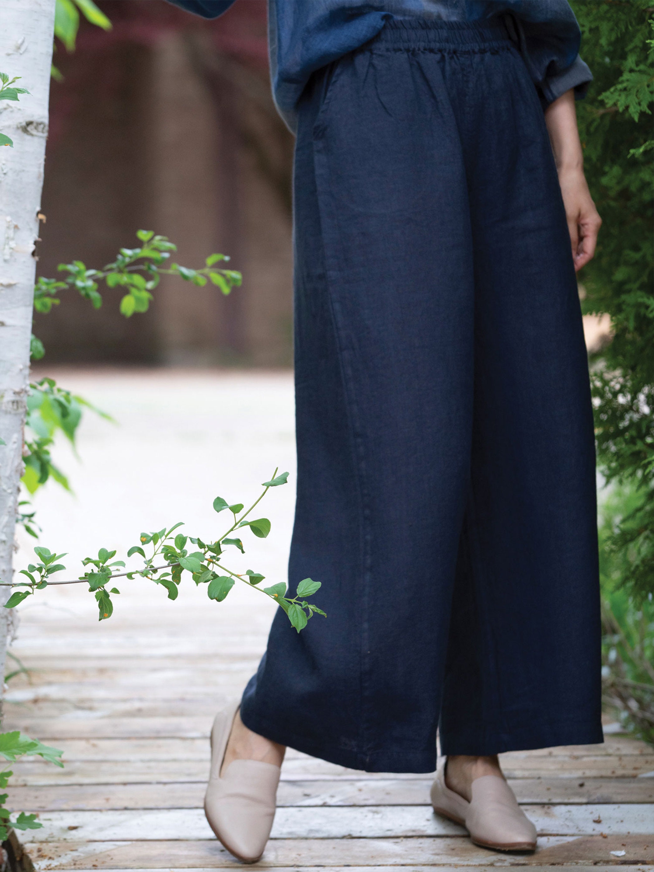 WideLeg Organic Linen Pants Navy Blue Etsy