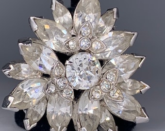 Può includere: Una spilla argentata con un grande strass chiaro al centro circondato da strass chiari più piccoli a forma di fiore.