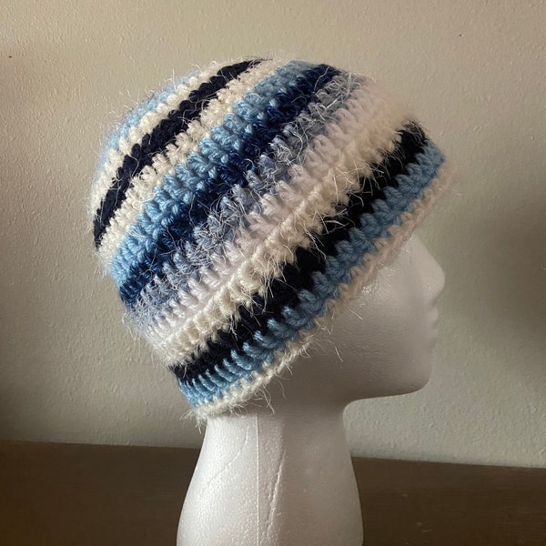 Monochrome Blue Crochet Skull Cap