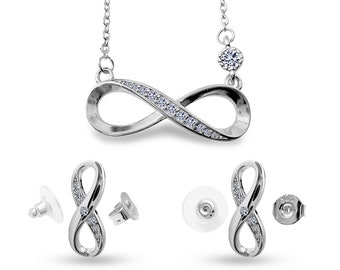 Infinity Necklace / Earrings -  925 Sterling Silver - Eternal Design Necklace  & Earrings - CZ Crystals - Silver, Gold and Rose Gold