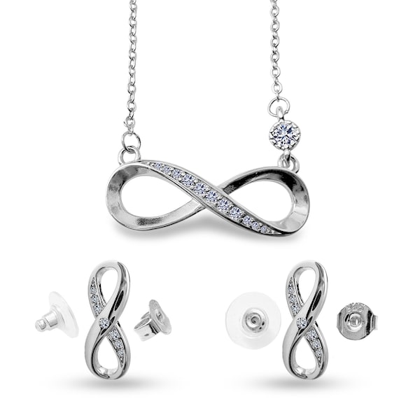 Infinity Necklace / Earrings -  925 Sterling Silver - Eternal Design Necklace  & Earrings - CZ Crystals - Silver, Gold and Rose Gold
