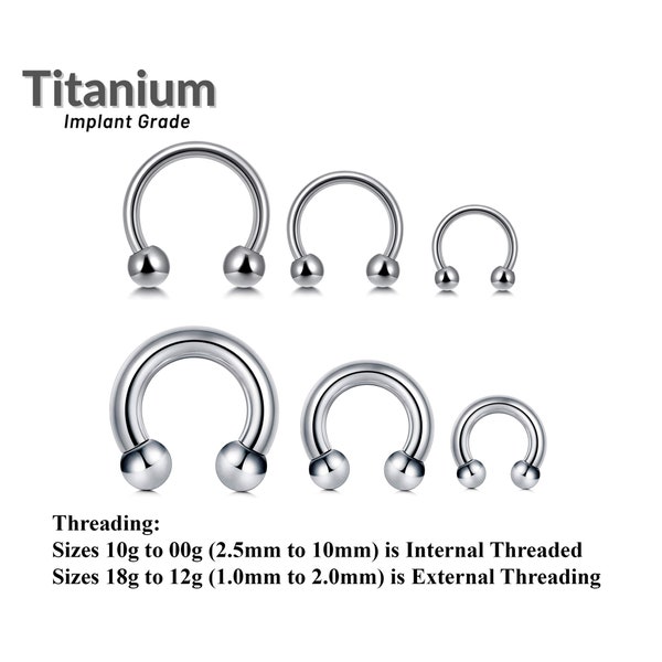 Barra Circular Titanio Grado Implante - Anillo PA Herradura - Grosor 12G, 14G, 16G, 18G - Tamaños 6mm a 16mm - Rosca Externa