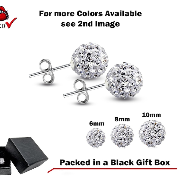 Disco Ball Stud Earrings Packed in a Gift Box - Silver Sparkle Earring Bling Bling - AAA+ Crystals - Ball Size 6mm, 8mm and 10mm