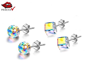 CZ Cube Crystal Stud Earrings Stainless Steel Post and Butterfly - Also Available in Round Ball Crystal Studs