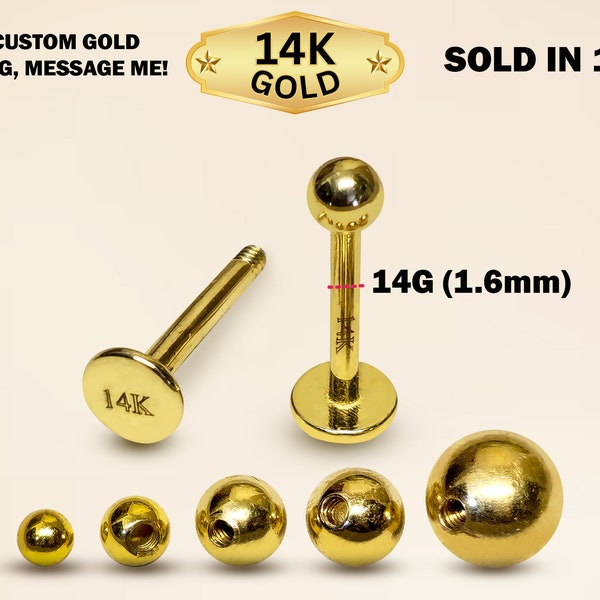 14G Labret Stud Piercing - 14K Solid Gold - Lip Jewellery, Lip Ring, Ear Cartilage Tragus Earring Body Jewelry Piercing