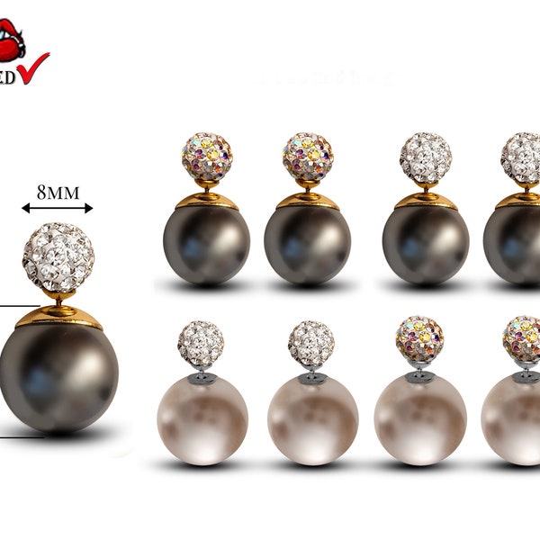 Double Pearl Stud Earrings with top Multi Crystal Ball ‐ 2 in 1 Earrings that can be Worn Separate - See Images - Silver Parts and Findings