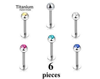 6PCS Titanium Labret Piercing with Gem Ball - 14G (1.6mm) Piercing Jewelry for Lip, Helix, Tragus, Lobe, Cartilage and More