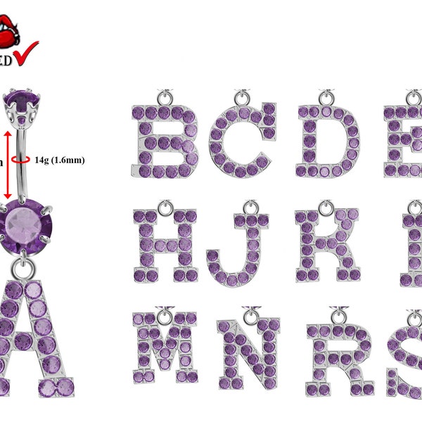 Initial Belly Button Rings - Belly Bars - Navel Piercing - Alphabet Letter A to Z - 14G(1.6mm) Bar Length is 10mm - AAA+ Crystals