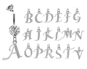 Initial Dangle Internal Belly Button Ring - Letters A to Z- 14G(1.6mm)- AAA+ Crystals