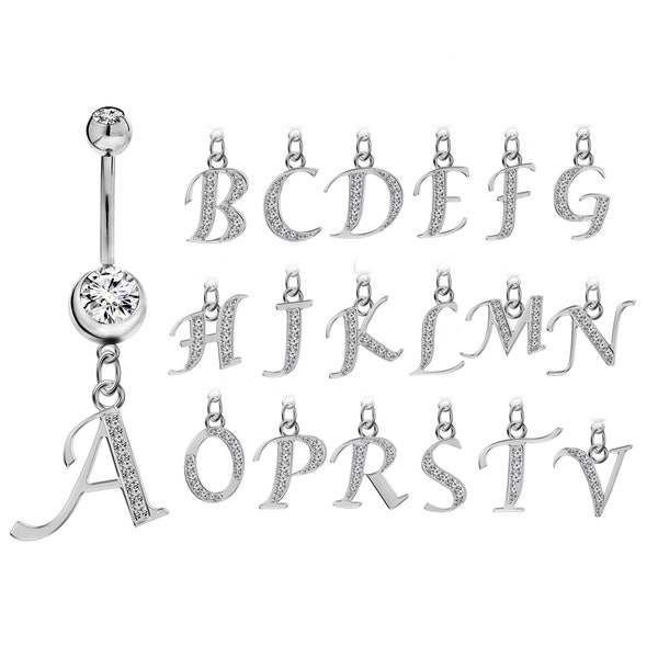 Initial Dangle Belly Button Bars- Letters A to Z- 14G(1.6mm)- AAA+ Crystals