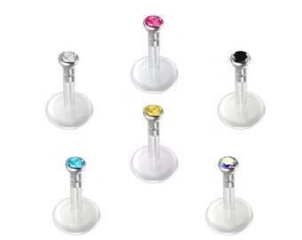 6PCS Bioplast Flexible Labret with Internal Threading 16g (1.2MM) - Internal Threaded top CZ Crystal