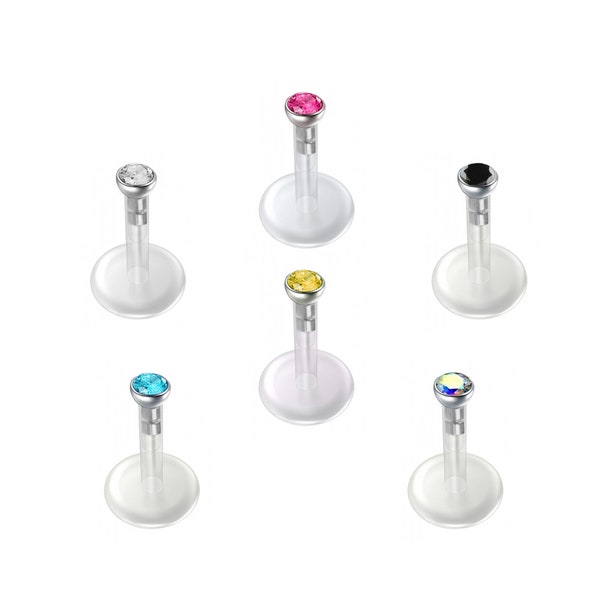 6PCS Bioplast Flexible Labret with Internal Threading 16g (1.2MM) - Internal Threaded top CZ Crystal