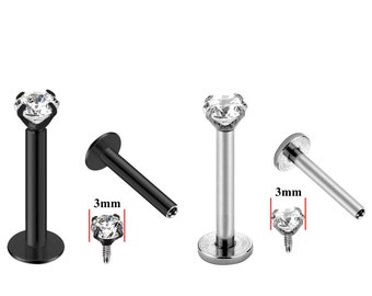 16g Internal Labret Piercing Jewellery with Top Round Clear Crystals - Surgical Steel - Silver / Black - Quality tested at Sheffield Assay