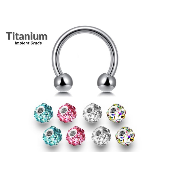 Horseshoe  Barbell - Titanium Septum Ring/ 14G, 16G Cartilage PA Circular Barbell - with Multi Crystal Replacement Balls