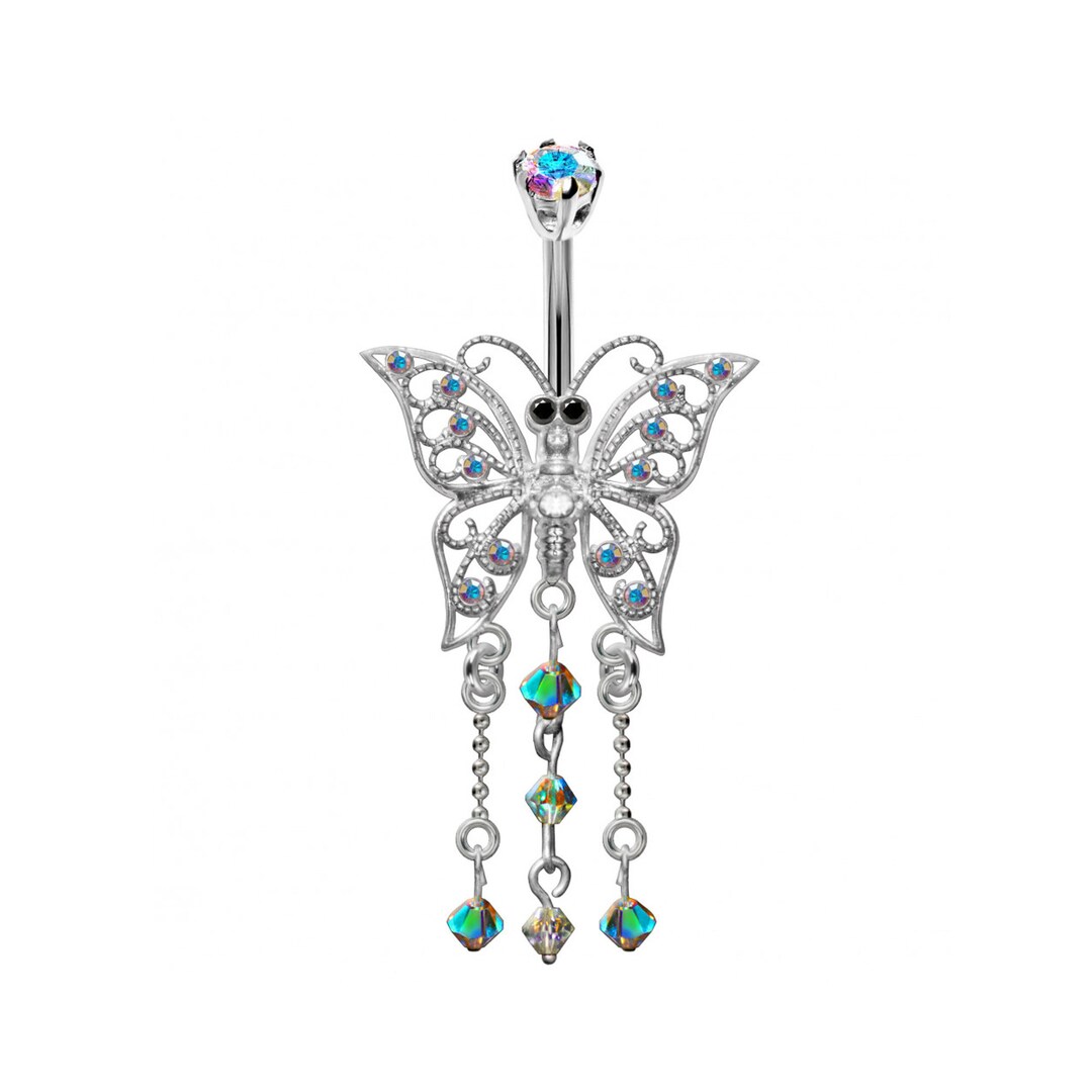 Designer Belly Button Rings Silver Dangle Mature Butterfly Design Belly