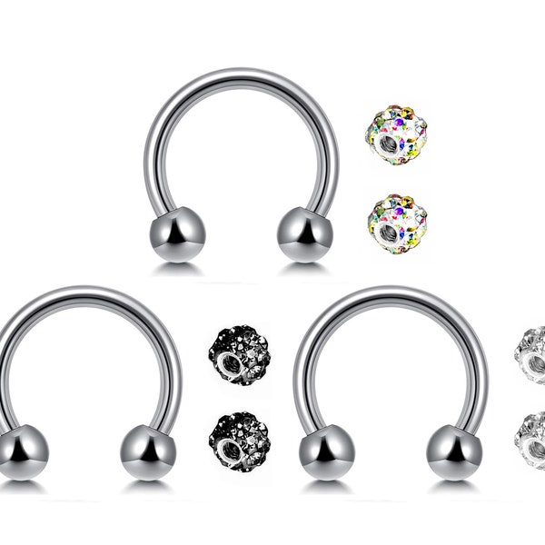 Surgical Steel Circular Barbell with Multi Crystal Replacement Ball - Horseshoe PA Ring - Thickness 16G to 14G - Sizes 6mm to 16mm