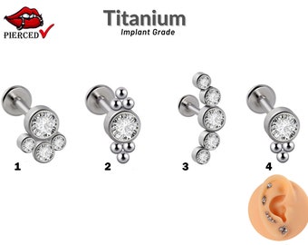 Labret Ear Piercing - Titanium Implant Internally Threaded 16g Tragus Helix Cartilage Ear Lobe Studs with CZ Crystal Settings