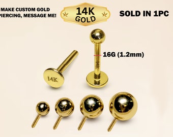 14K Gold Internal Labret Piercing - 16g Lip Jewellery, Lip Ring, Ear Cartilage Tragus Earring Body Jewelry Piercing