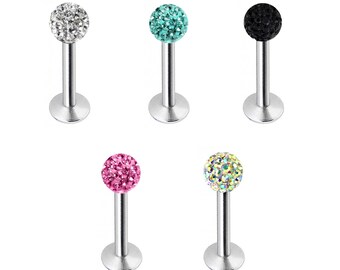 Labret Lip Piercing Bling Bling Multi CZ Crystal Ball - 16g- Surgical Steel 316L in Sizes- 6,8,10,12MM