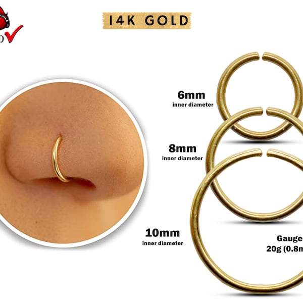 14K Gold Nose Ring - Open Ring - 20G (0.8mm) - Nose Jewellery, Nostril Ring - Solid Gold Nose Hoop