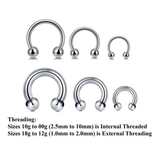 Surgical Steel Circular Barbell - Horseshoe PA Ring - 00G, 0G, 1G, 2G, 4G, 6G, 8G, 10G, 12G, 14G 16G, 18G - to 18G - Sizes 6mm to 19mm