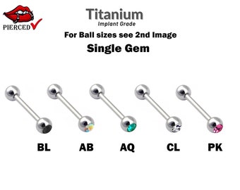 Titanium Straight Barbell Piercing with Gem Ball 20G 18G 16G 14G for Tongue, Daith, Helix, Tragus, Eyebrows, Industrial Piercing