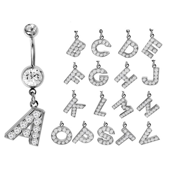 Dangly Alphabet Belly Button Piercing Bar with CZ Crystals - Letters A to Z