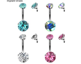 Titanium Internally Threaded Belly Button Rings- 14G(1.6mm)- AAA+ CZ Crystal in Pink, Aurora, Aquamarine & Clear