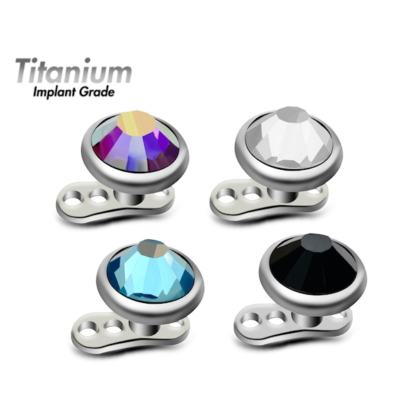 Titanium Dermal Anchor - Micro Dermal Piercing with top Gem Pyramid Crystal - Flat Bottom 3 Holes - 14g (1.6mm) internal threading connector