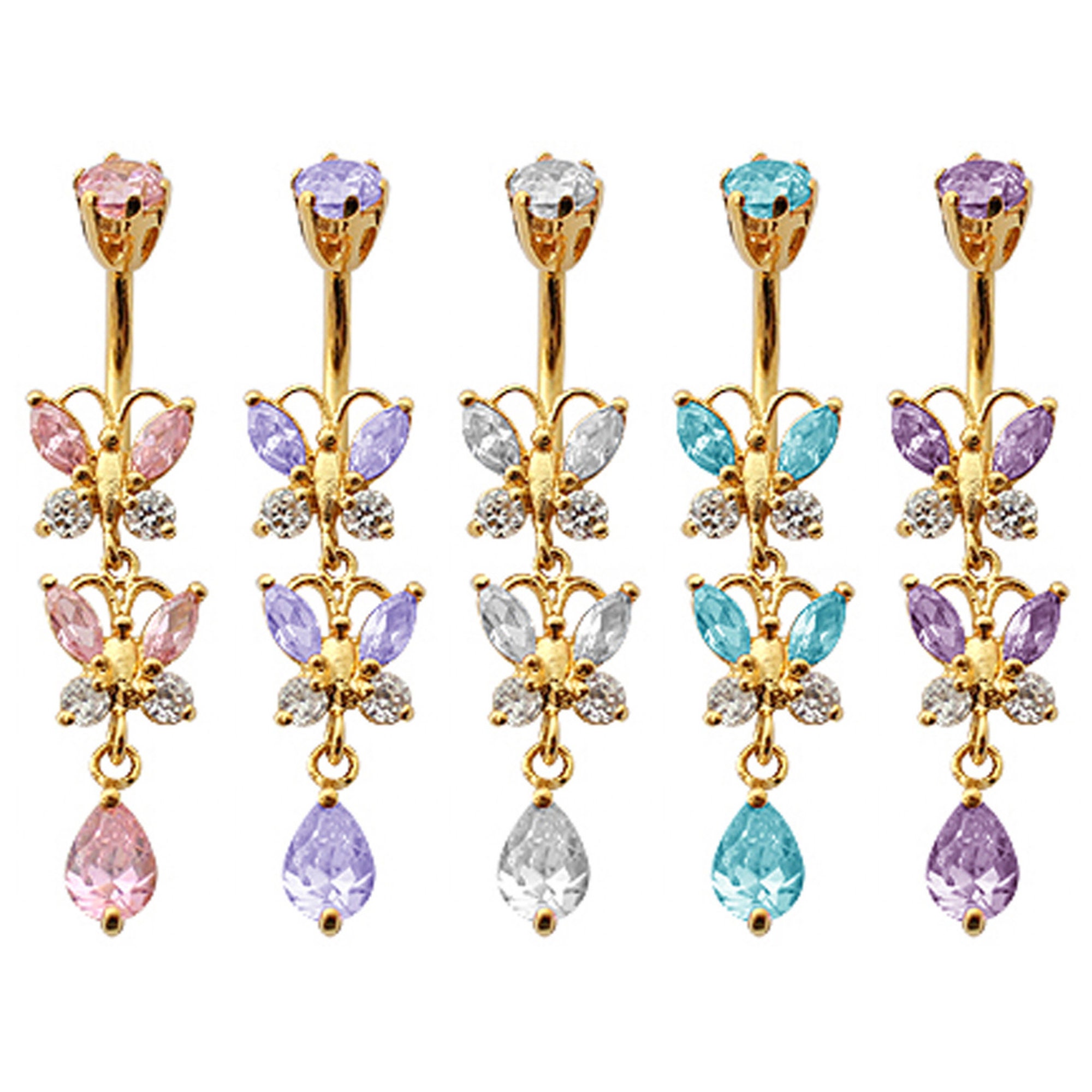 Silver dangly Double Butterfly Drop Belly Button Ring with CZ Crystal Gold Plated and Packed in a Lovely Velvet Pouch Silver dangly Double Butterfly Drop Belly Button Ring with CZ Crystal Gold Plated and Packed in a Lovely Velvet Pouch