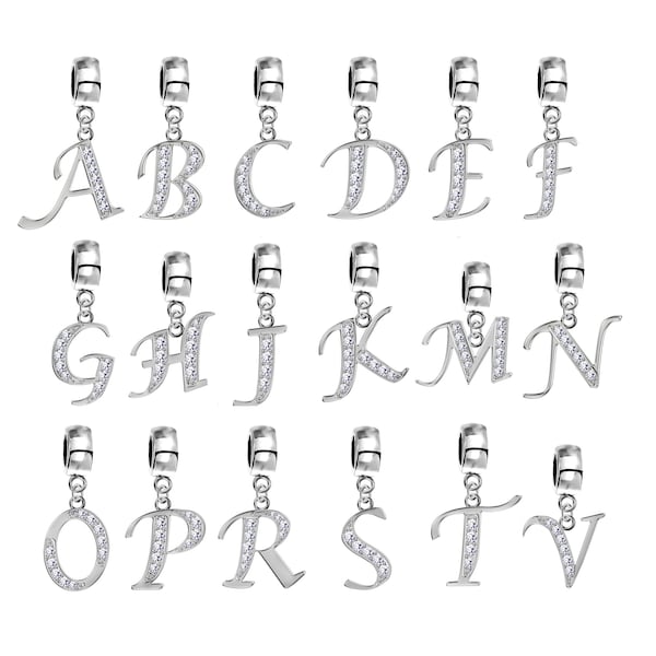 Silver Initial Charms Letters A-Z Alphabet Charm, Letter charm - AAA+ Crystals- Fits All European Bracelets and Necklaces