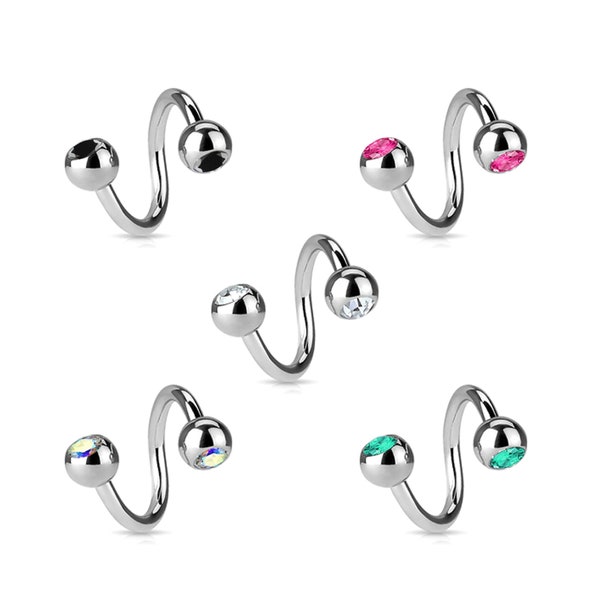 Surgical Steel Twister Spiral Barbell with top and bottom Gem - Body Piercing Ring