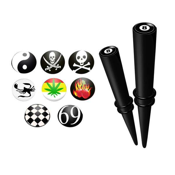 Black Ear Taper, UV Ear Expander, Ear Stretcher in 9 Different Symbols - starter pack - 1 Pair each Size