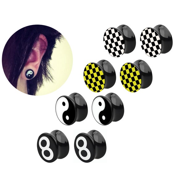 Ear Stretchers - Double Flared Eyelet Tunnel, Ear Plugs, Ear Gauge - Double Acrylic Yin Yang, 8 Ball and Checkered Design