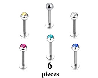 6PCS Labret Piercing with Gem Ball - 14G (1.6mm) Piercing Jewelry for Lip, Helix, Tragus, Lobe, Cartilage and More