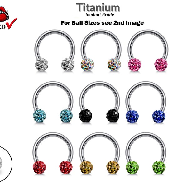 Titanium Circular Barbell with Disco Ball CZ Bling Crystals - Horseshoe PA Ring - Thickness 18G 16G 14G - Sizes 6mm to 16mm