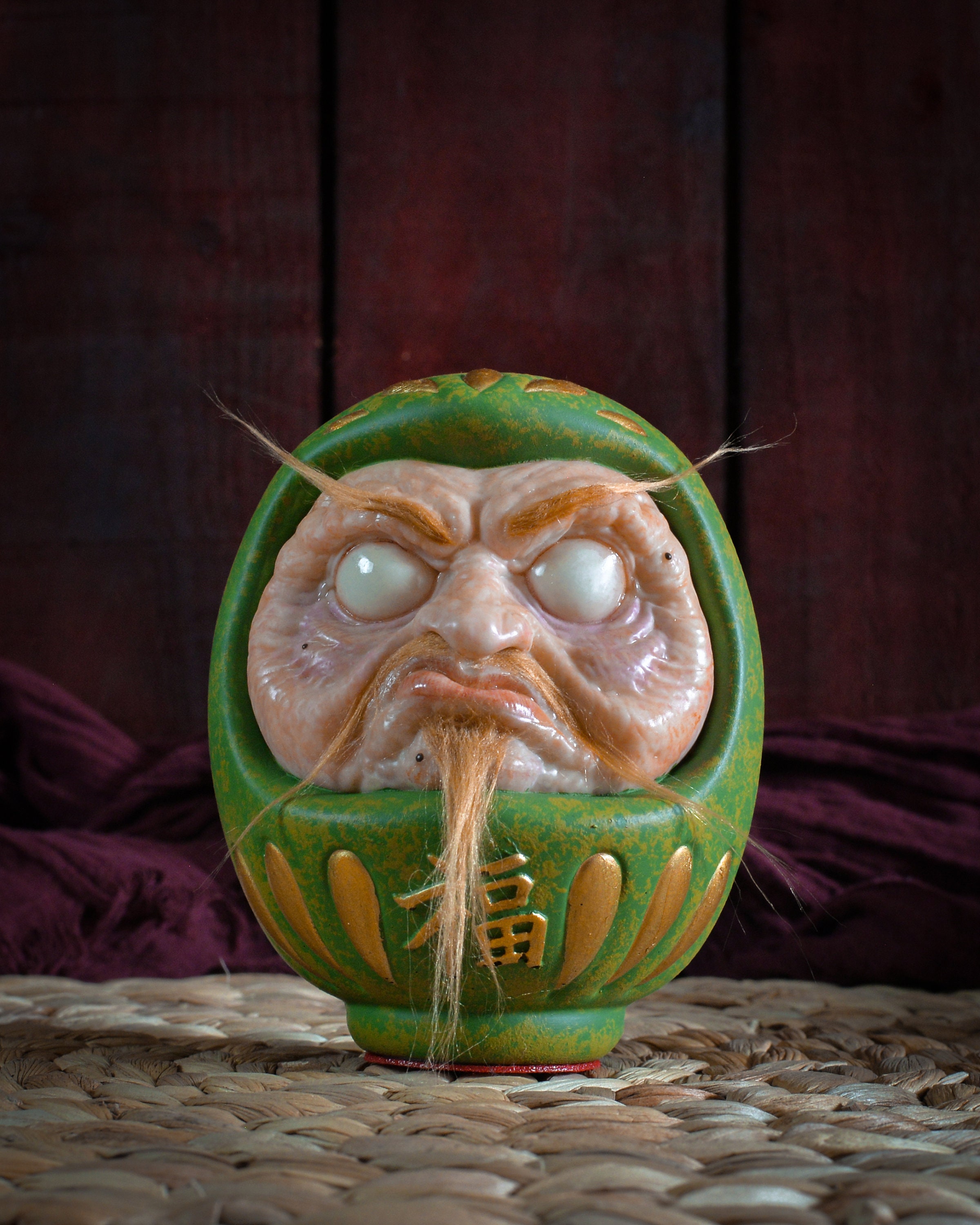 Green Daruma Lucky Amulet Japanese Doll Head With Helmet for