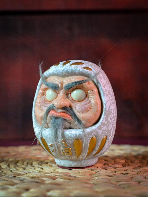 White Daruma Lucky Charm Japanese Doll Head With Helmet for Luck