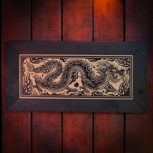 Chinese Dragon Painting on Wood Engraving, Blackwork, Buddhism, Oriental Woodcut